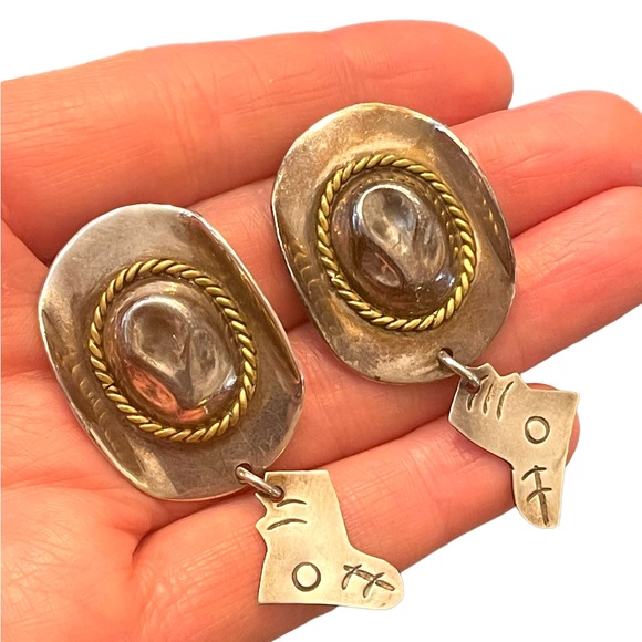 Vintage Southwestern Cowboy hat boot Mexico 925 dangle chunky earrings - Picture 3 of 8